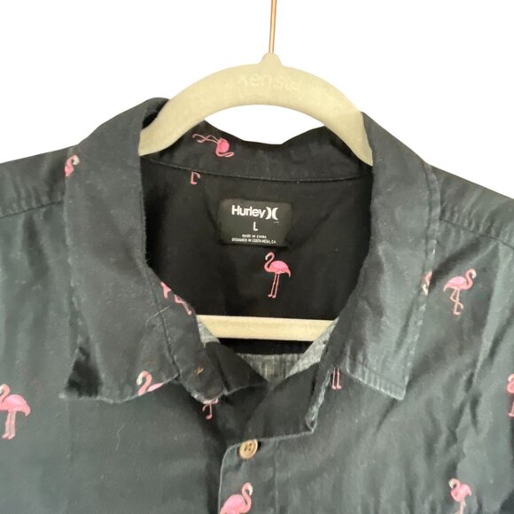 Hurley Black Button-Up Shirt Pink Flamingo Print Short Sleeves Casual Vacation L - Picture 3 of 12